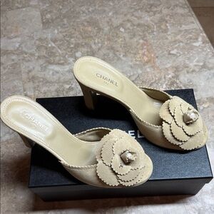 CHANEL Beige Mules with Floral and pearl Detail